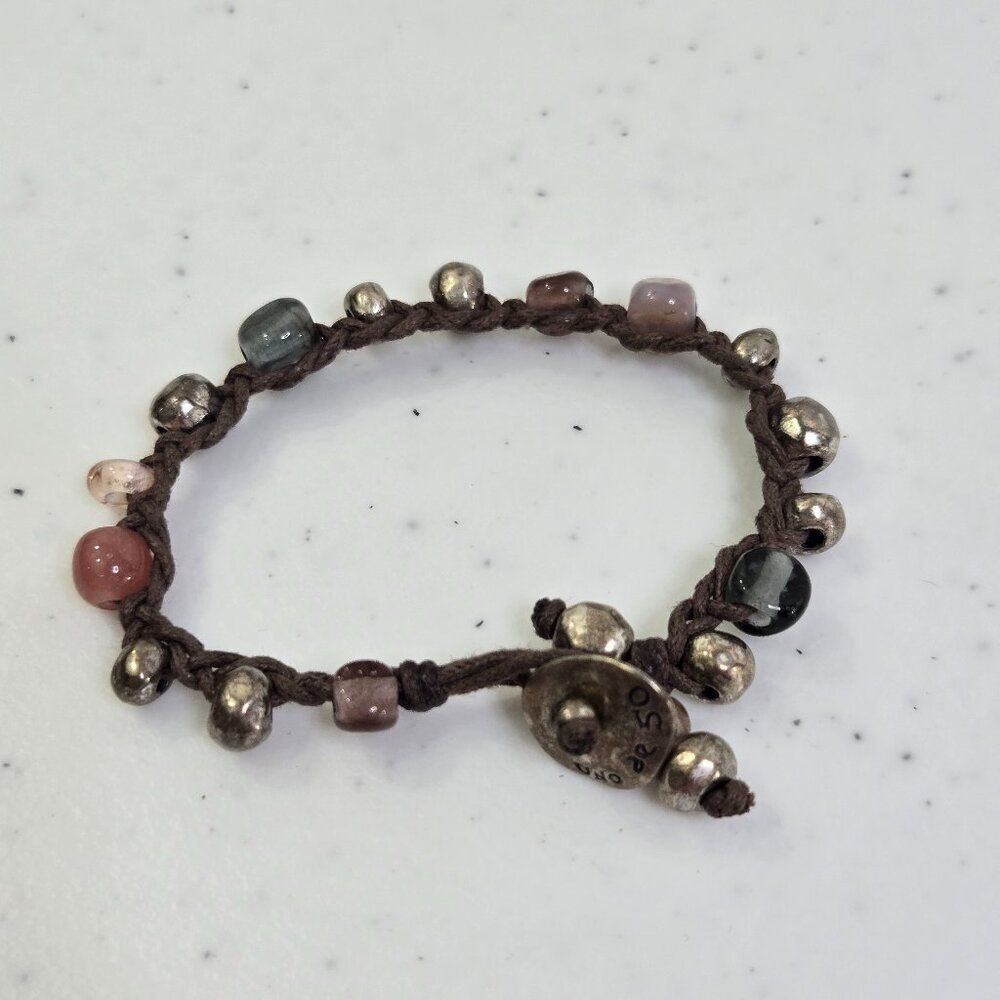 Uno De 50 Pink Grey Murano Glass Silver Bead Bracelet 6" Retired Brown Cord